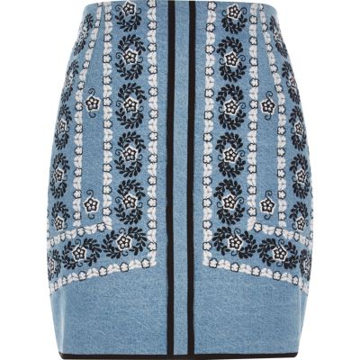 Blue embroidered denim mini skirt